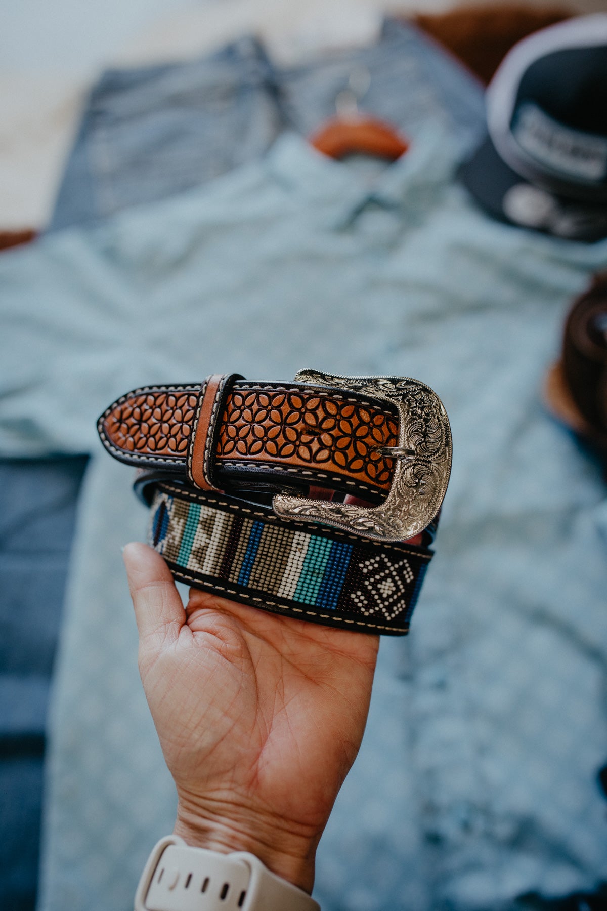 'Yuma' Adult Unisex Beaded Inlay Leather Belt (30-42")