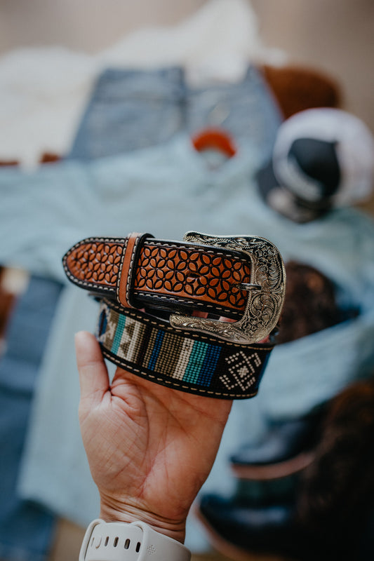 'Yuma' Adult Unisex Beaded Inlay Leather Belt (30-42")