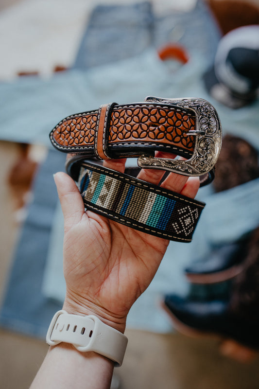 'Yuma' Adult Unisex Beaded Inlay Leather Belt (30-42")