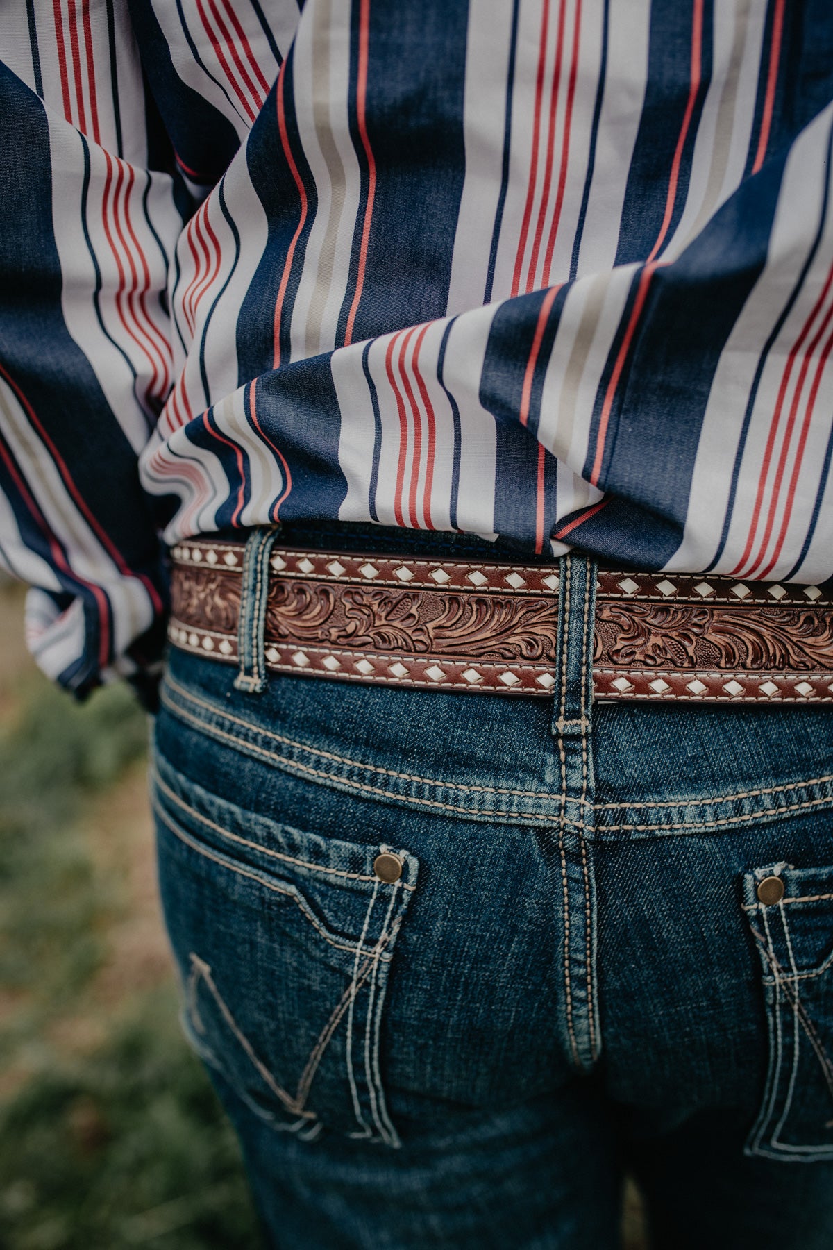 Men's Floral Leather Belt with White Whipstitch