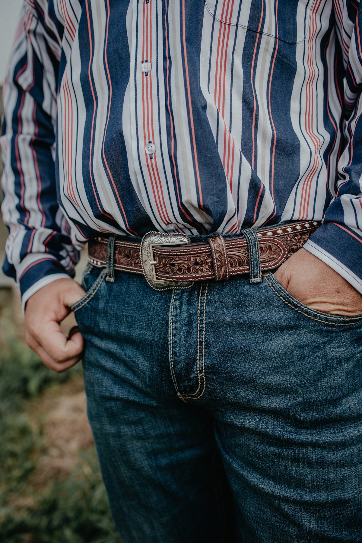 Men's Floral Leather Belt with White Whipstitch
