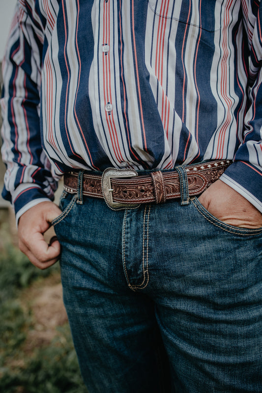 Men's Floral Leather Belt with White Whipstitch