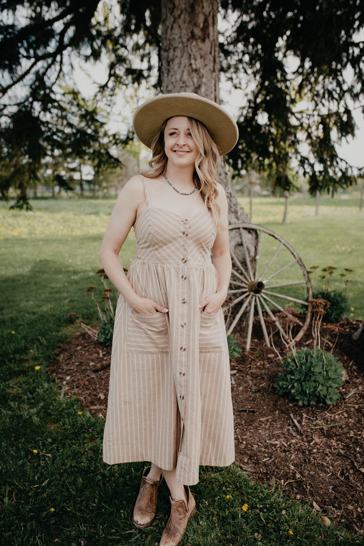 'Stephanie' Tan Striped Button Front Dress with Pockets (M & L Only)