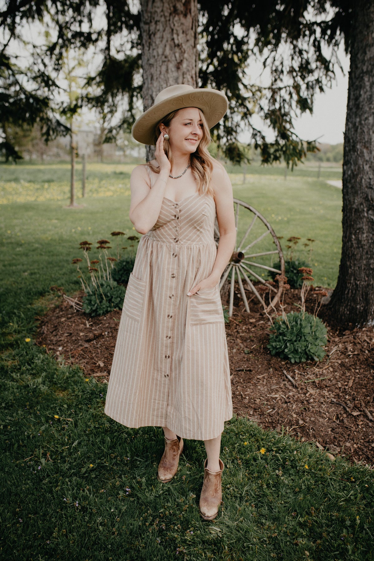 'Stephanie' Tan Striped Button Front Dress with Pockets (M & L Only)