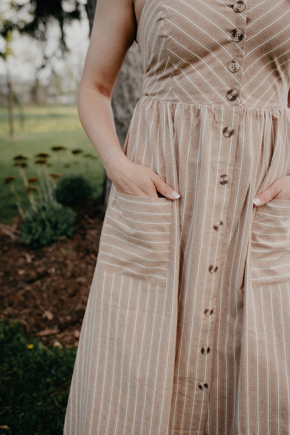 'Stephanie' Tan Striped Button Front Dress with Pockets (M & L Only)