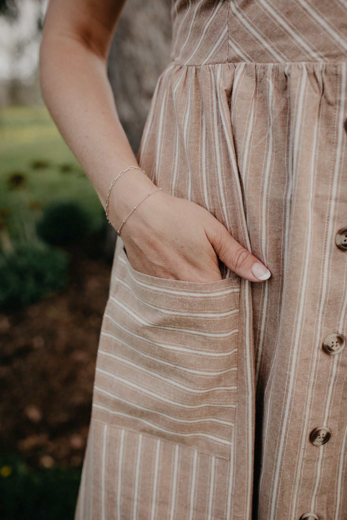 'Stephanie' Tan Striped Button Front Dress with Pockets (M & L Only)