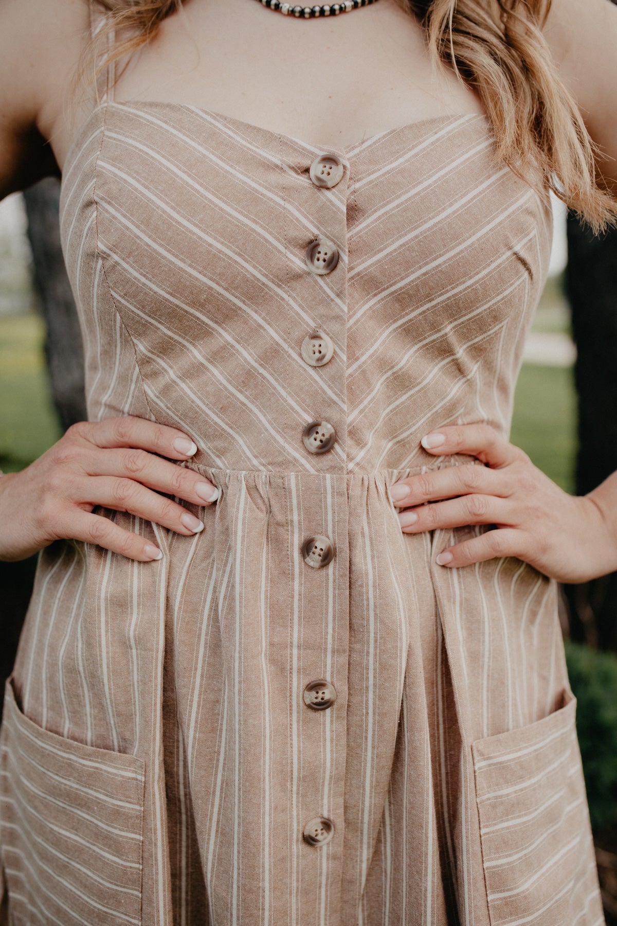 'Stephanie' Tan Striped Button Front Dress with Pockets (M & L Only)