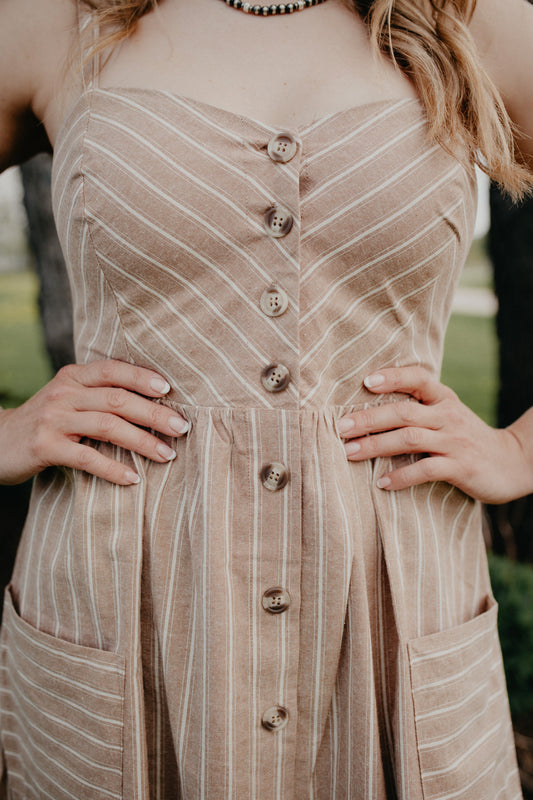 'Stephanie' Tan Striped Button Front Dress with Pockets (M & L Only)
