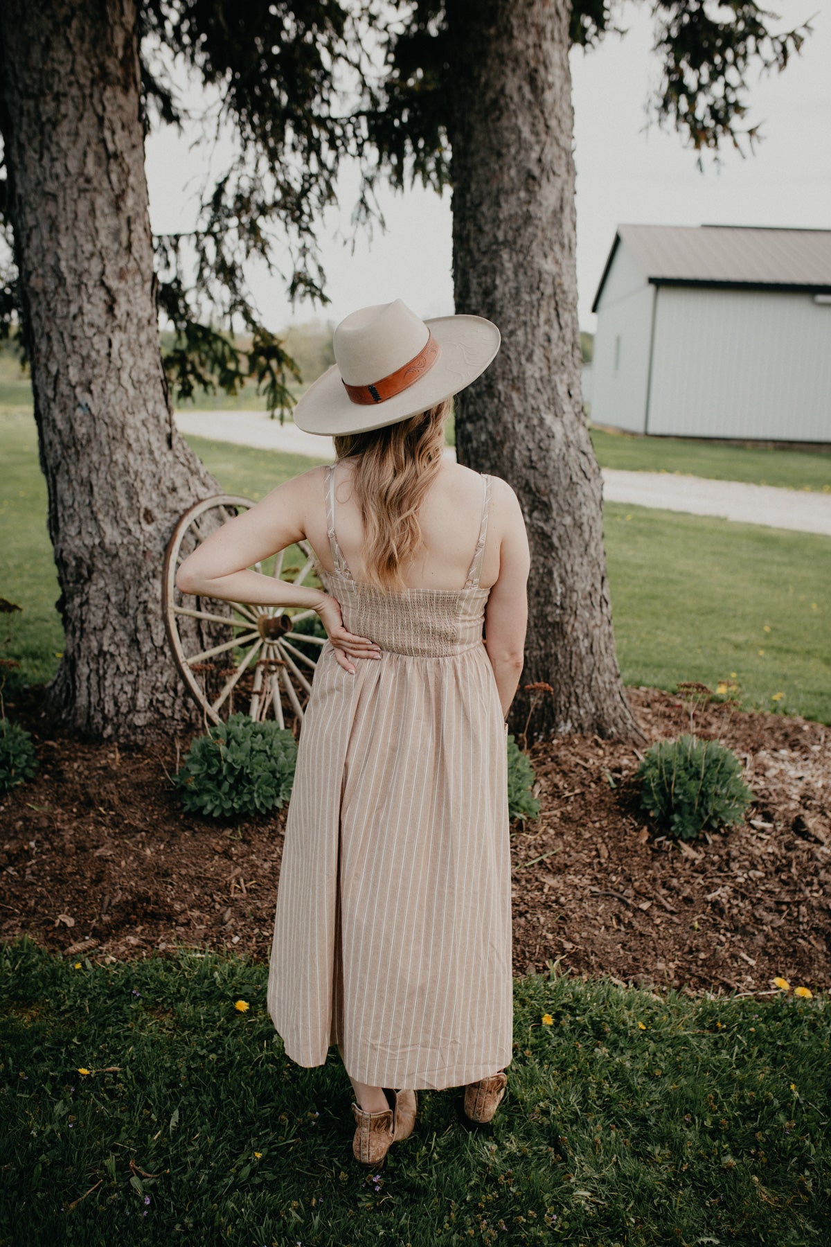'Stephanie' Tan Striped Button Front Dress with Pockets (M & L Only)
