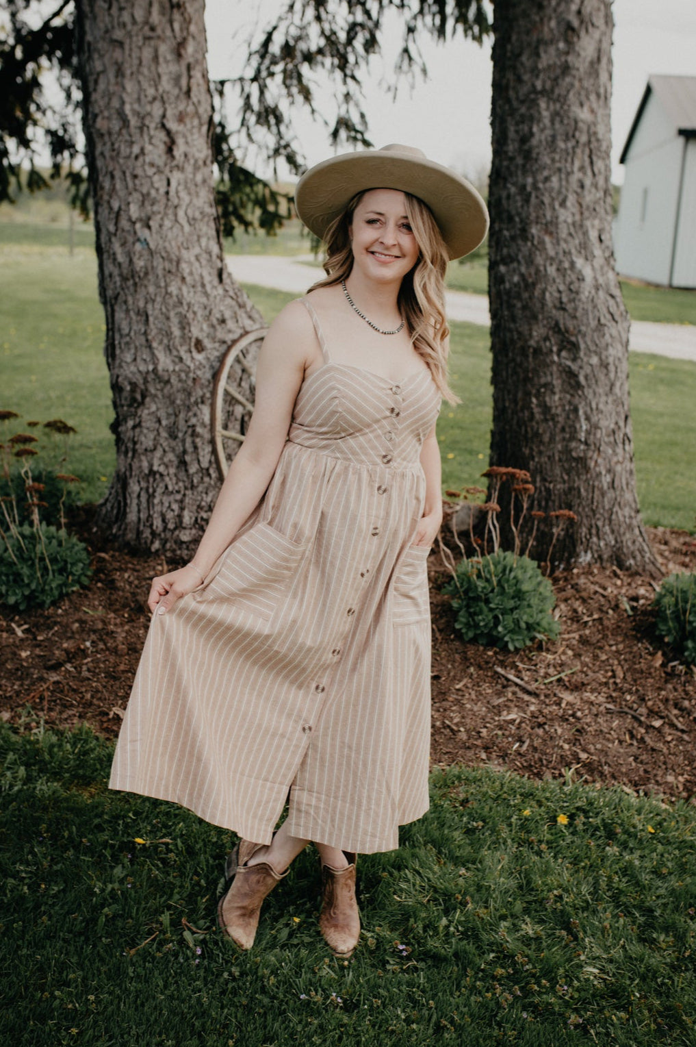 'Stephanie' Tan Striped Button Front Dress with Pockets (M & L Only)