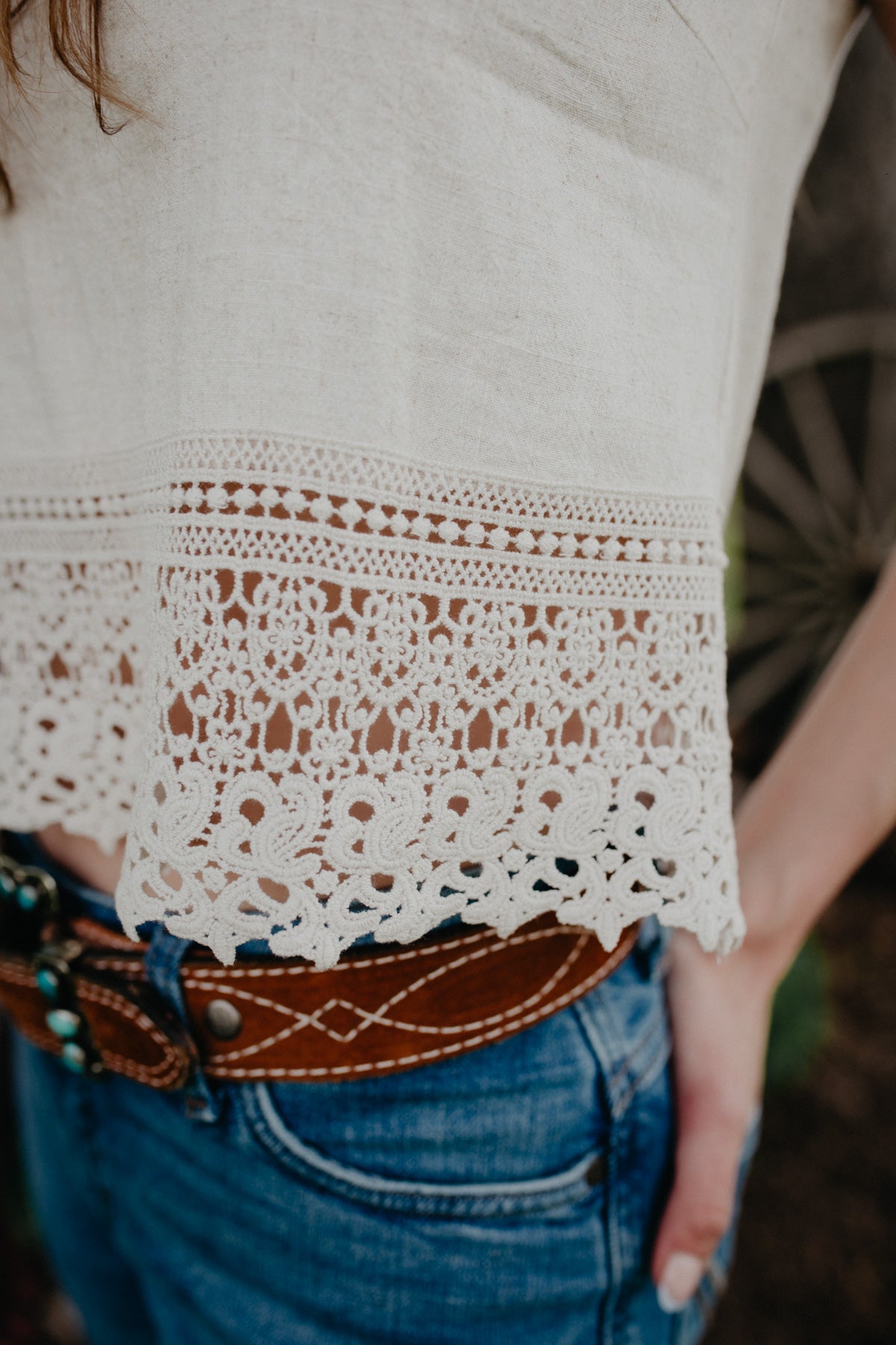 'Liv' Natural Linen Blend Sleeveless Top with Lace Scalloped Hemline (M only)