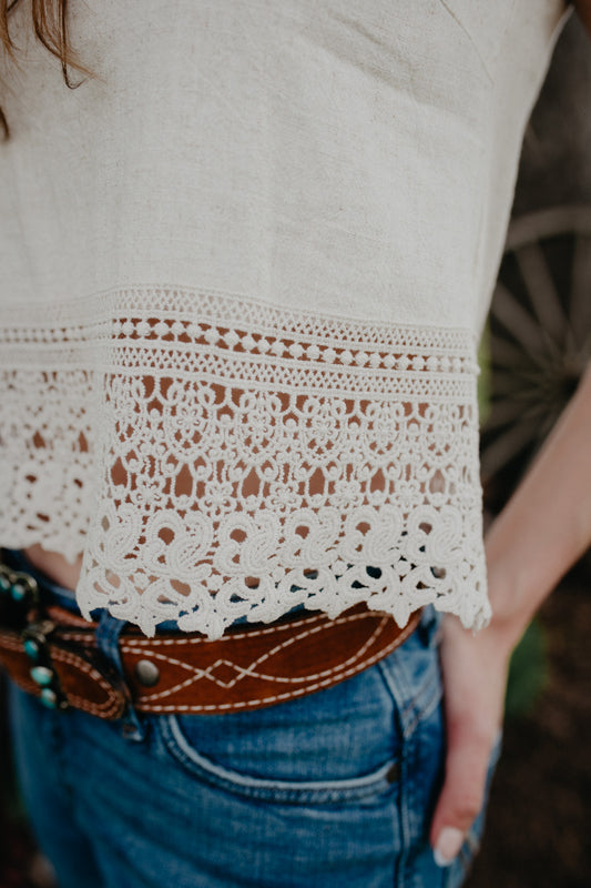 'Liv' Natural Linen Blend Sleeveless Top with Lace Scalloped Hemline (M only)