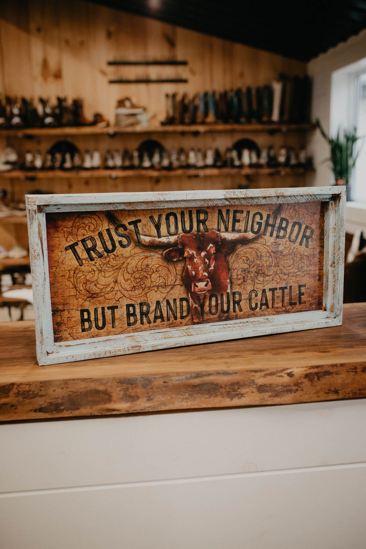 “Brand Your Cattle” (Longhorn) Rectangular Framed Artwork (14.5" x 30")
