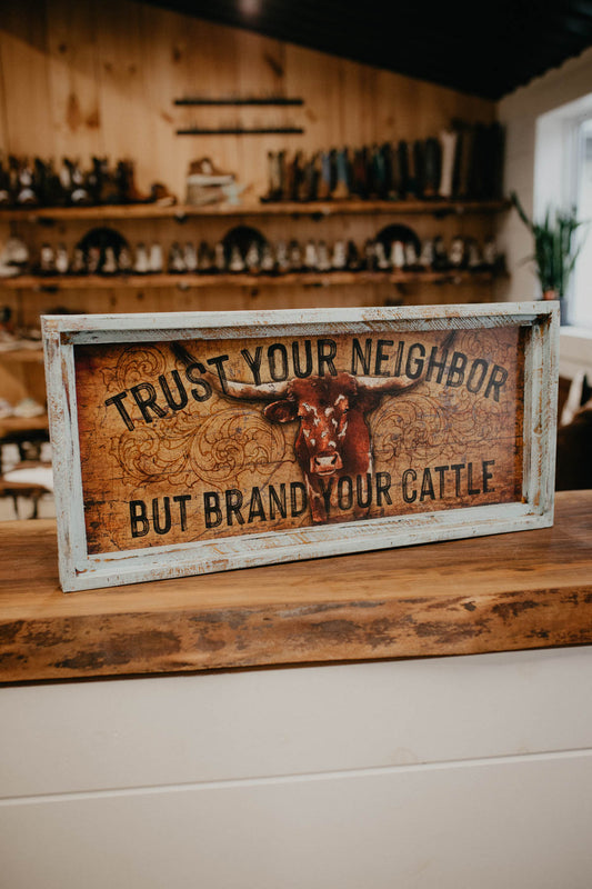 “Brand Your Cattle” (Longhorn) Rectangular Framed Artwork (14.5" x 30")