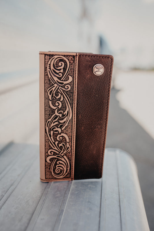 'Grayson' Hooey Distressed Brown Rodeo Wallet with Tooled Leather Overlay (HW018-BRTN)