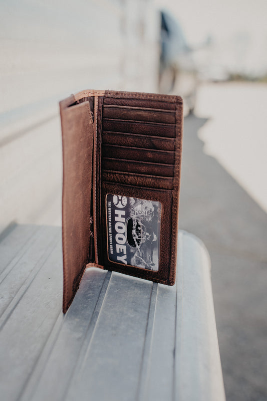 'Grayson' Hooey Distressed Brown Rodeo Wallet with Tooled Leather Overlay (HW018-BRTN)