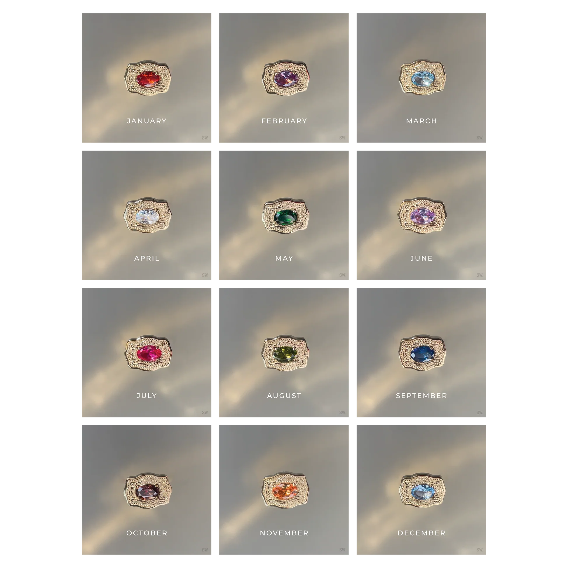  twelve gemstone rings each with a different colored gemstone, labeled for each month.