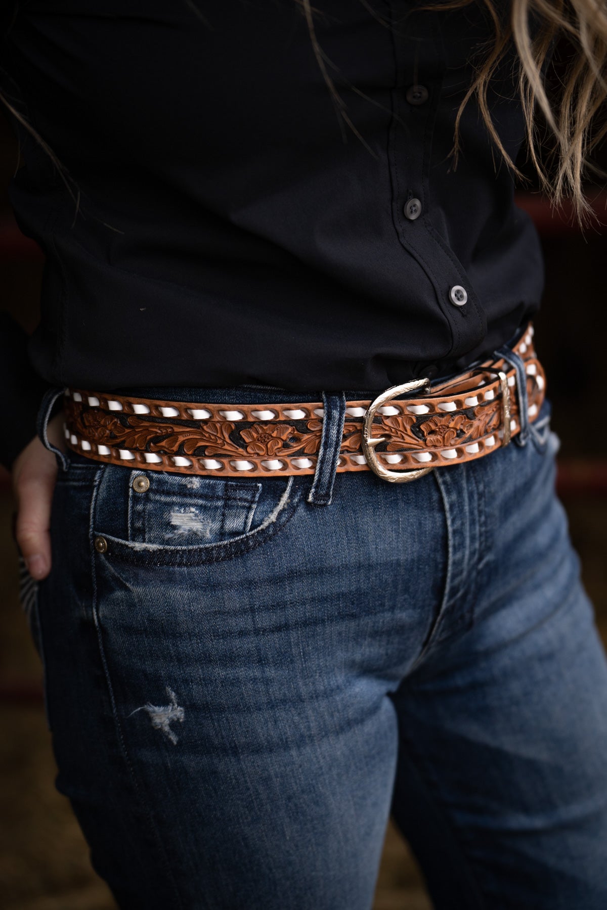 Pecan Vintage with Black Background and White Buck Stitch Belt by Double J Saddlery (1 1/2" width)