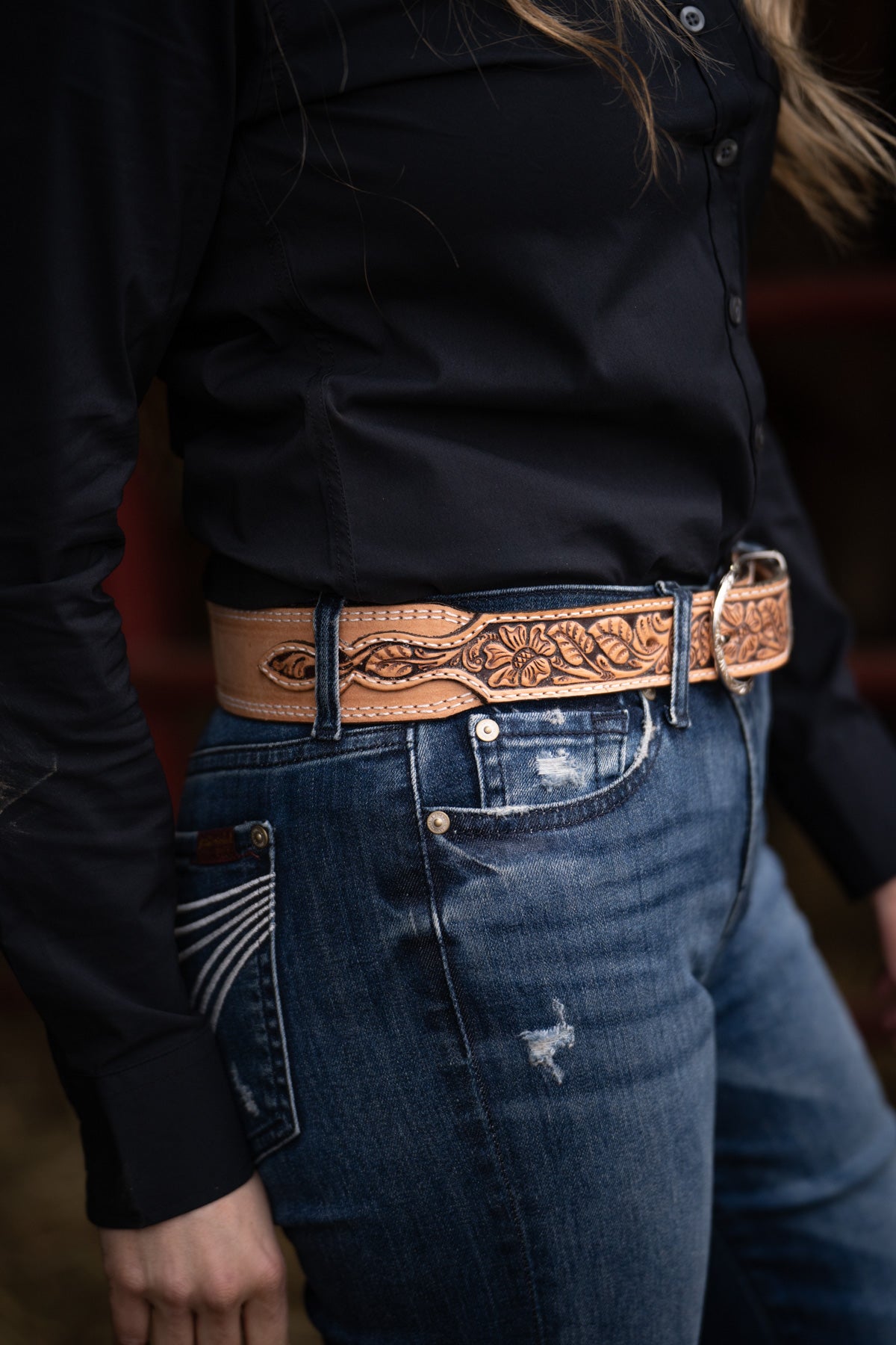 Rough Out Belt with Floral Tooled Billets by Double J Saddlery (1 7/8" tapered to 1 1/2")