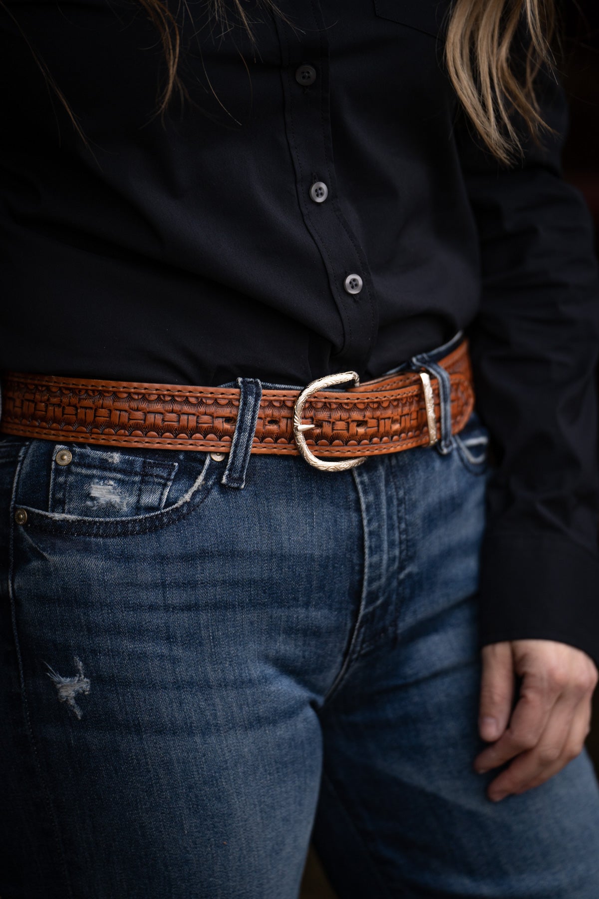 Box Basketweave Tooled Chestnut Leather Belt by Double J Saddlery (1 1/2")