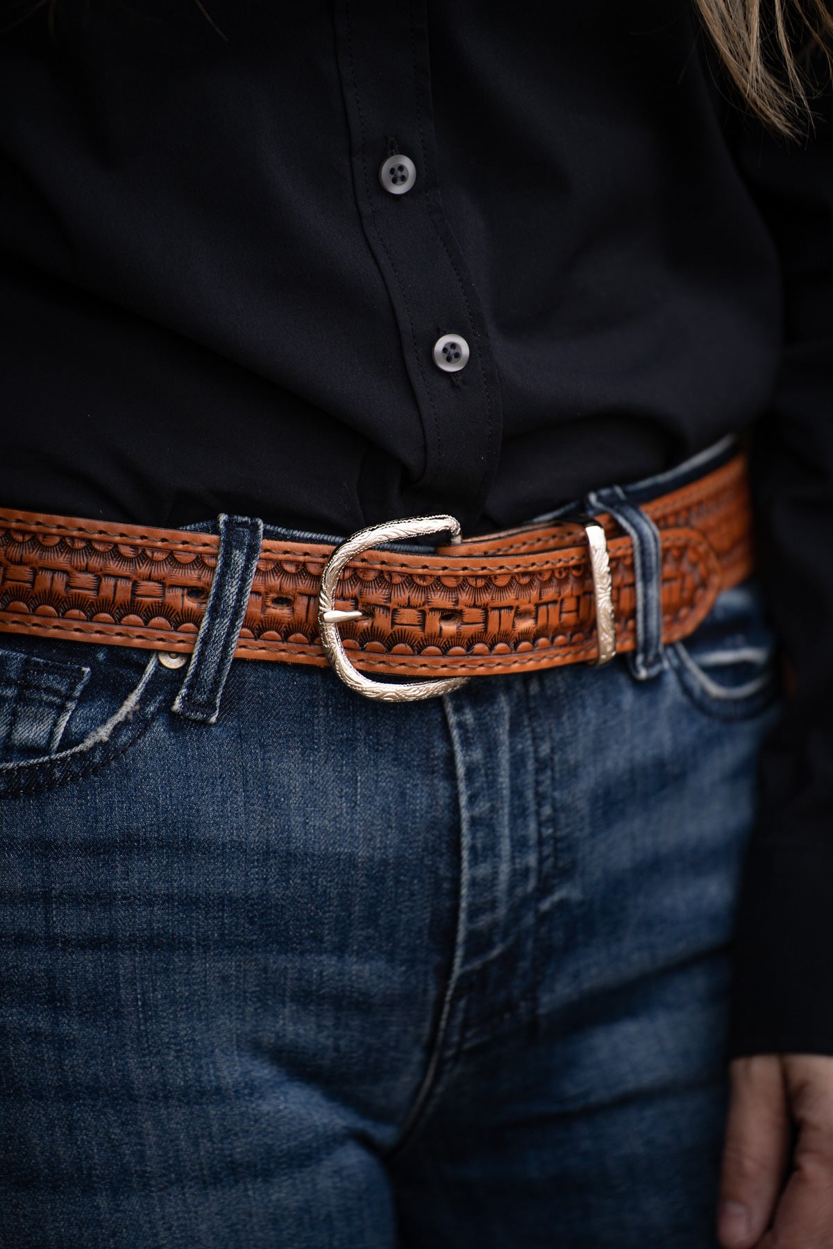 Box Basketweave Tooled Chestnut Leather Belt by Double J Saddlery (1 1/2")