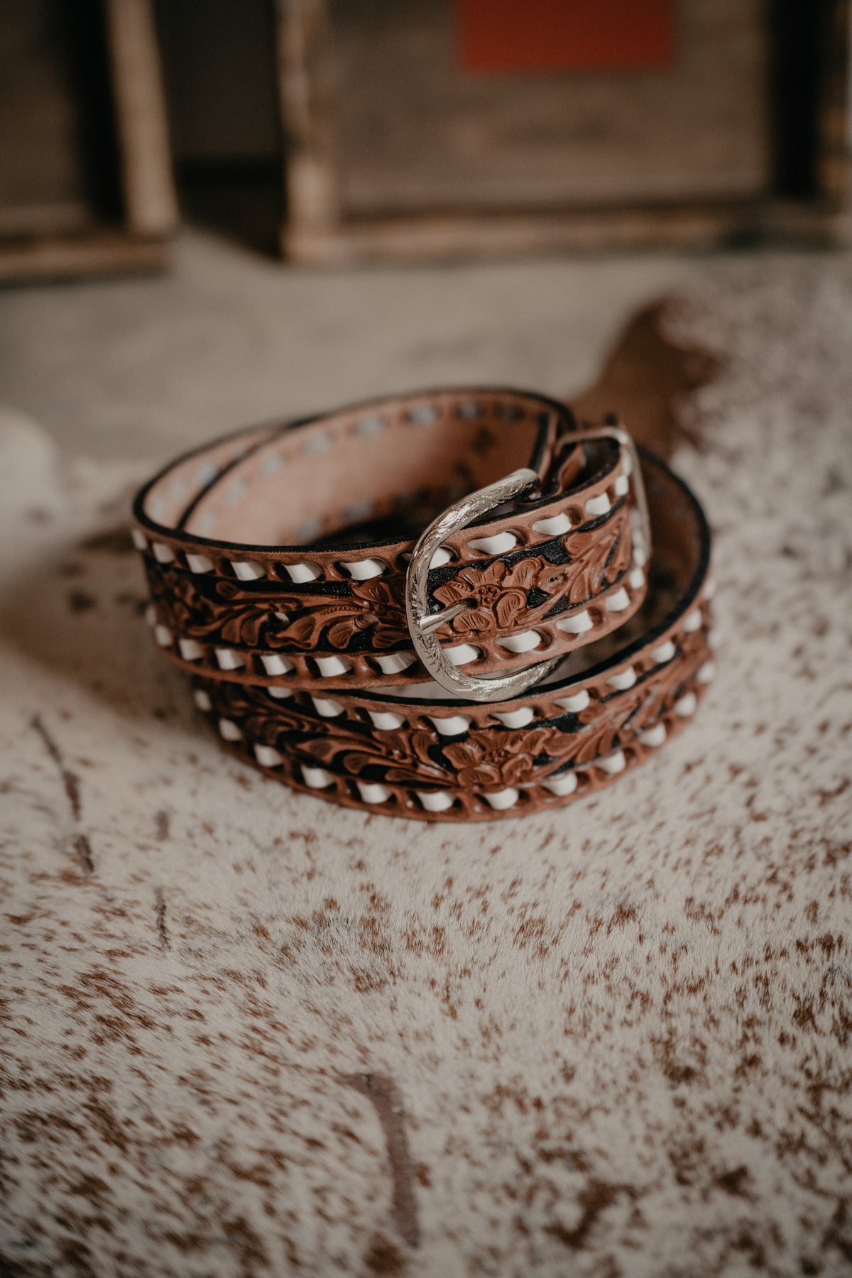 Pecan Vintage with Black Background and White Buck Stitch Belt by Double J Saddlery (1 1/2" width)