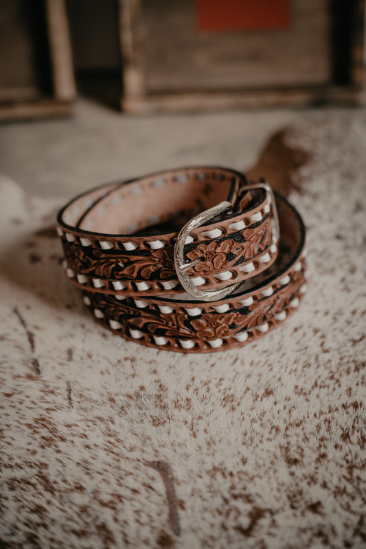 Pecan Vintage with Black Background and White Buck Stitch Belt by Double J Saddlery (1 1/2" width)