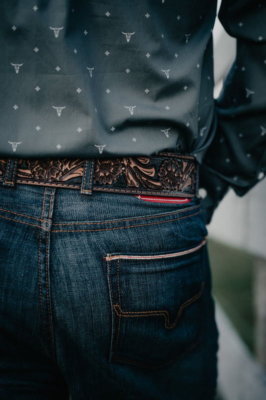 Large Floral Tooled Vintage Brown Belt by Double J Saddlery (1 7/8" tapered to 1 1/2")