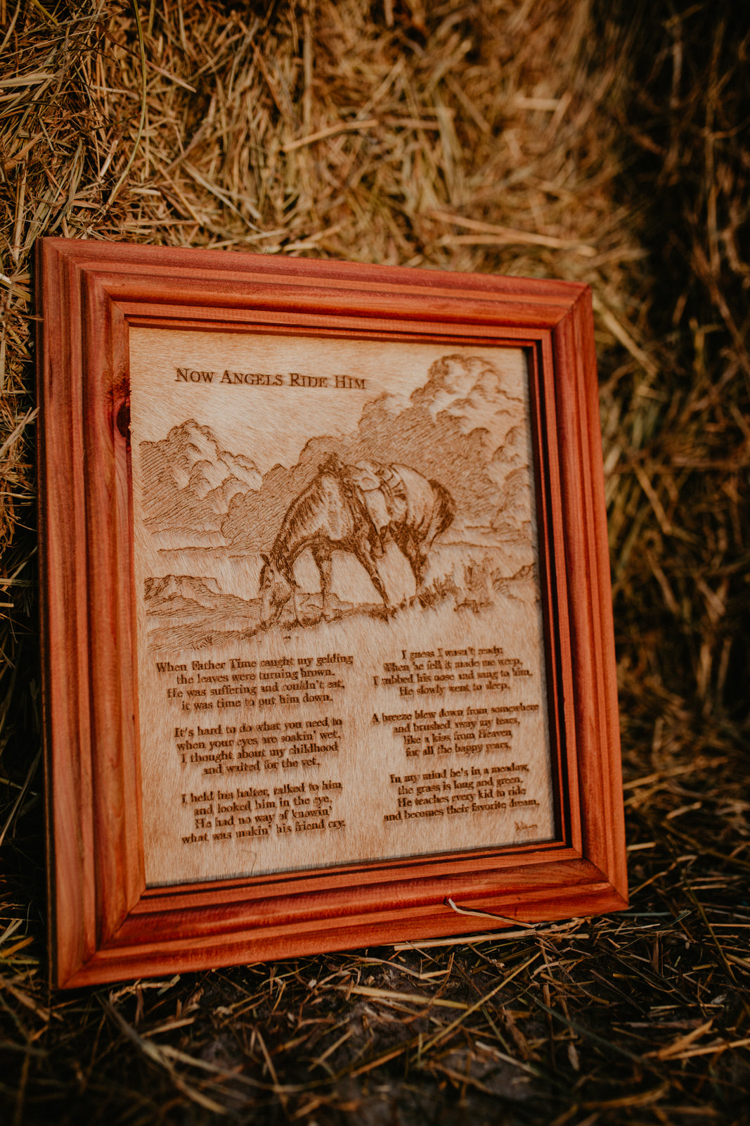 "Now Angels Ride Him/Her" Cowhide Poem with Custom Cedar Frame (10X12)