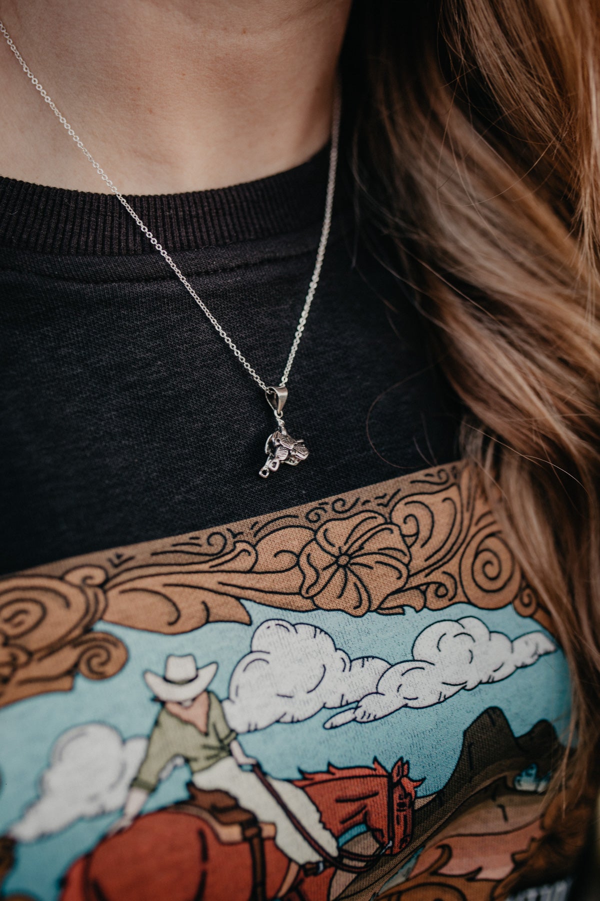 Silver Western 3D Saddle Charm Necklace