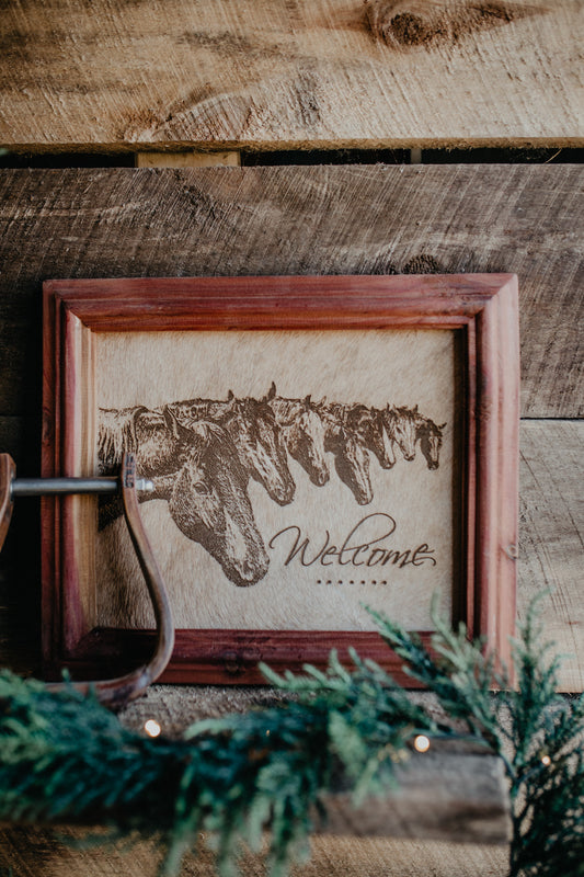"Welcome - Horses" Cowhide Sign with Custom Cedar Frame (10X12)