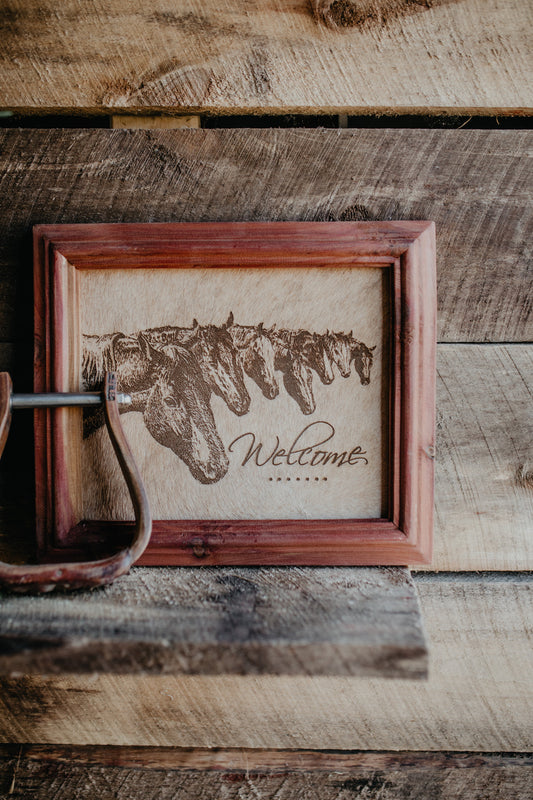 "Welcome - Horses" Cowhide Sign with Custom Cedar Frame (10X12)