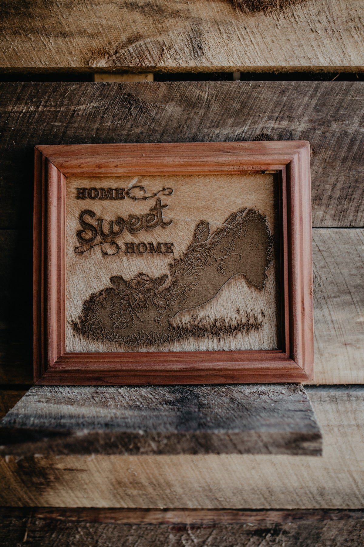 "Home Sweet Home - Cow Calf Pair" Cowhide Sign with Custom Cedar Frame (10X12)