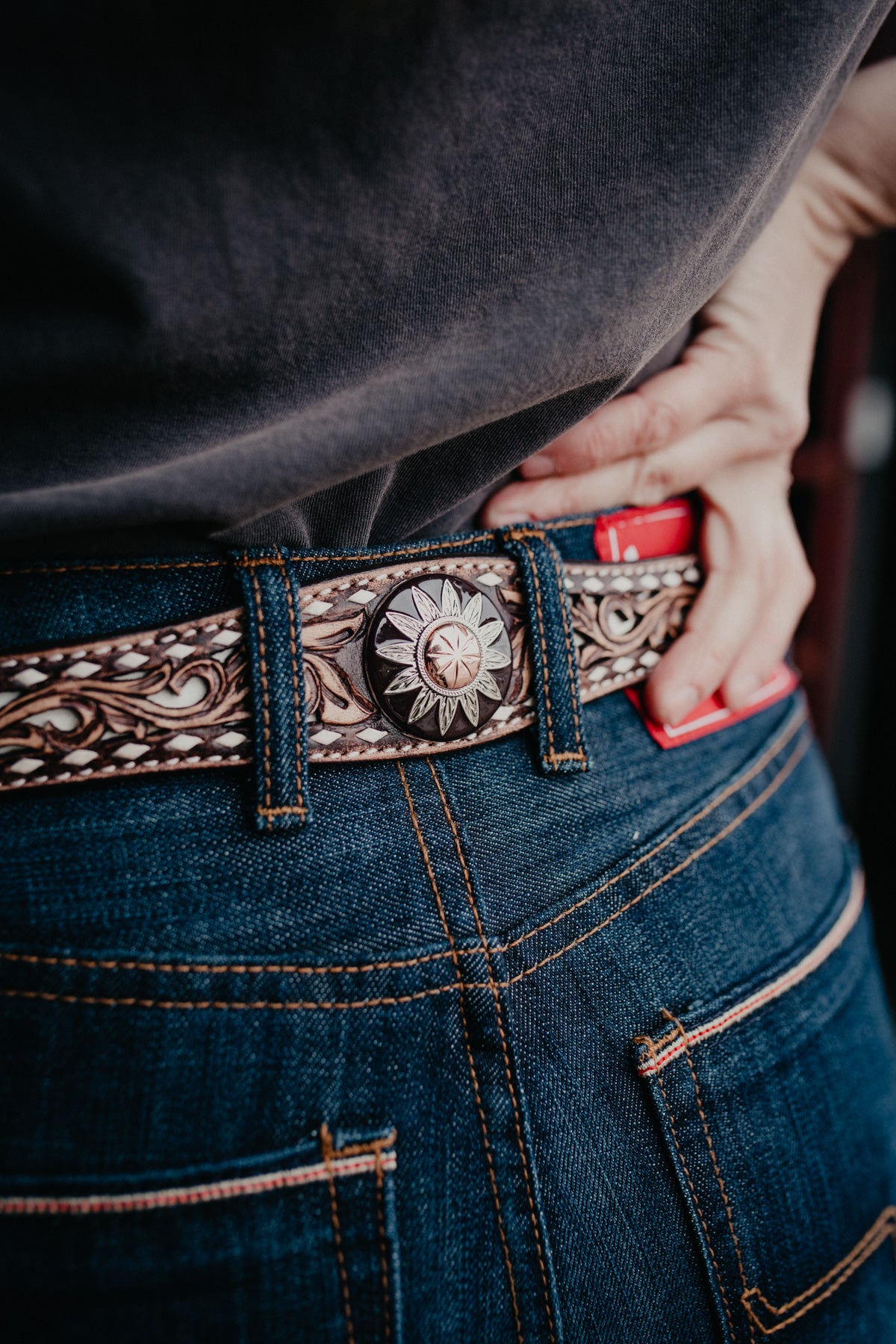 Tooled Leather Belt with Ivory Buck stitch and Inlay