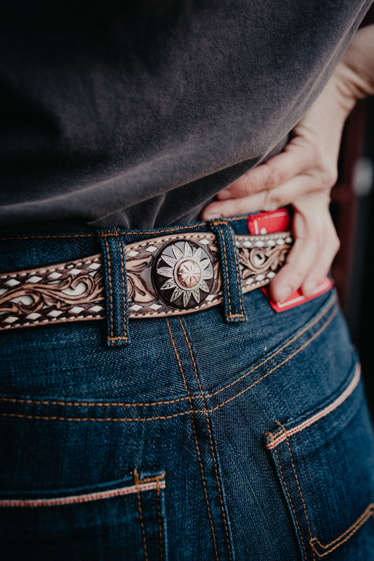 Tooled Leather Belt with Ivory Buck stitch and Inlay
