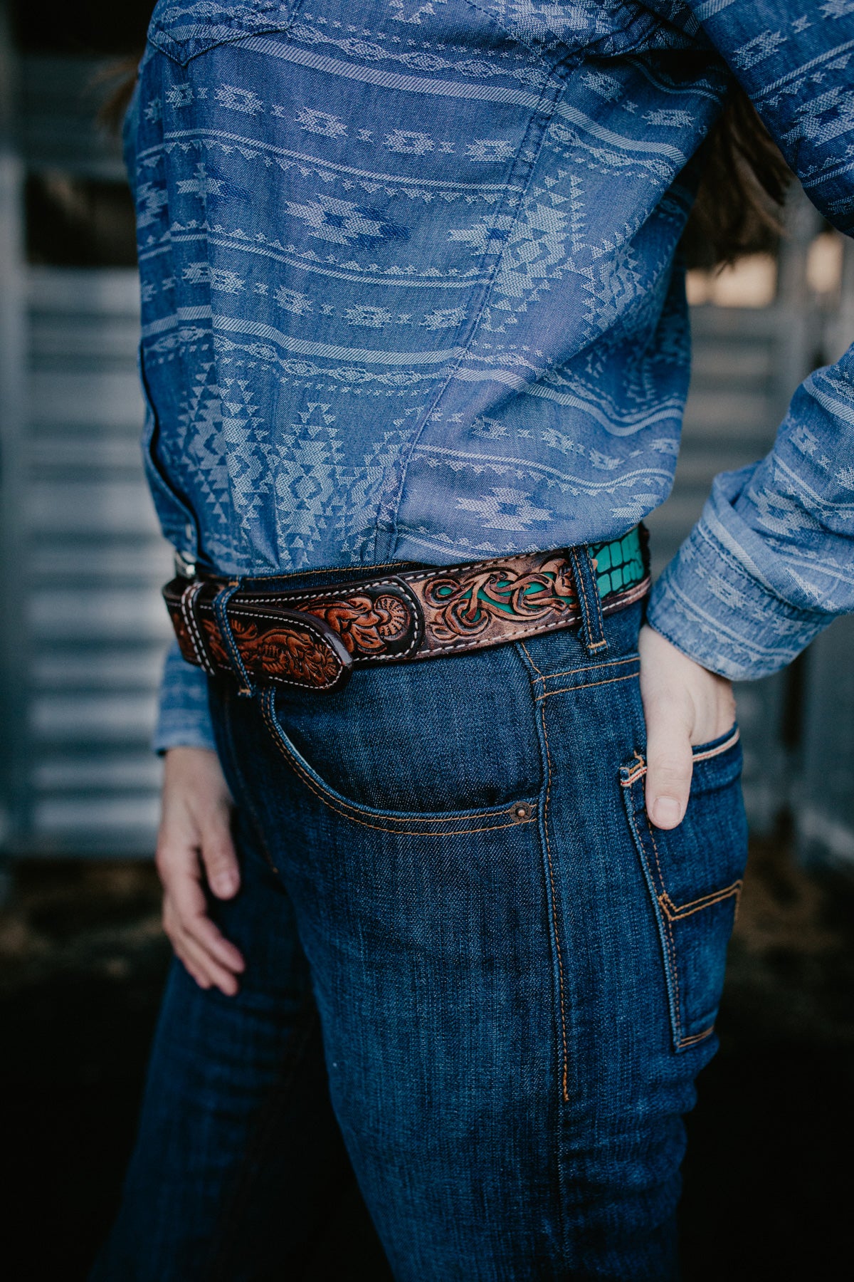 Tooled Leather Belt with Turquoise 'Gator' Inlay