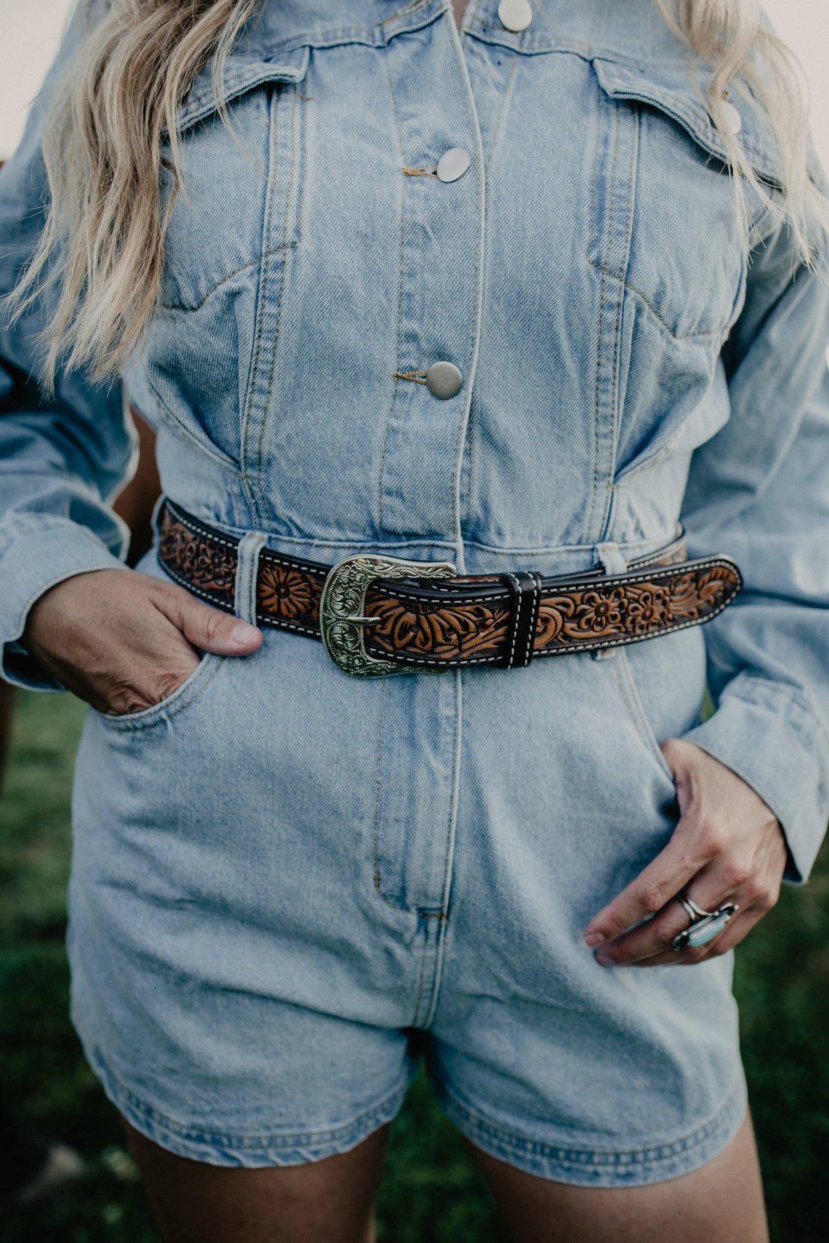 Floral Tooled Leather Belt with Silver Buckle