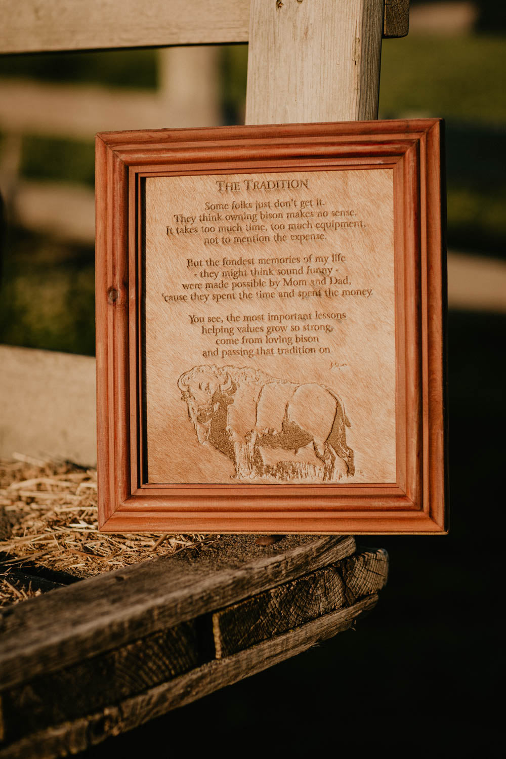 "The Tradition (Bison)" Cowhide Poem with Custom Cedar Frame (10X12)