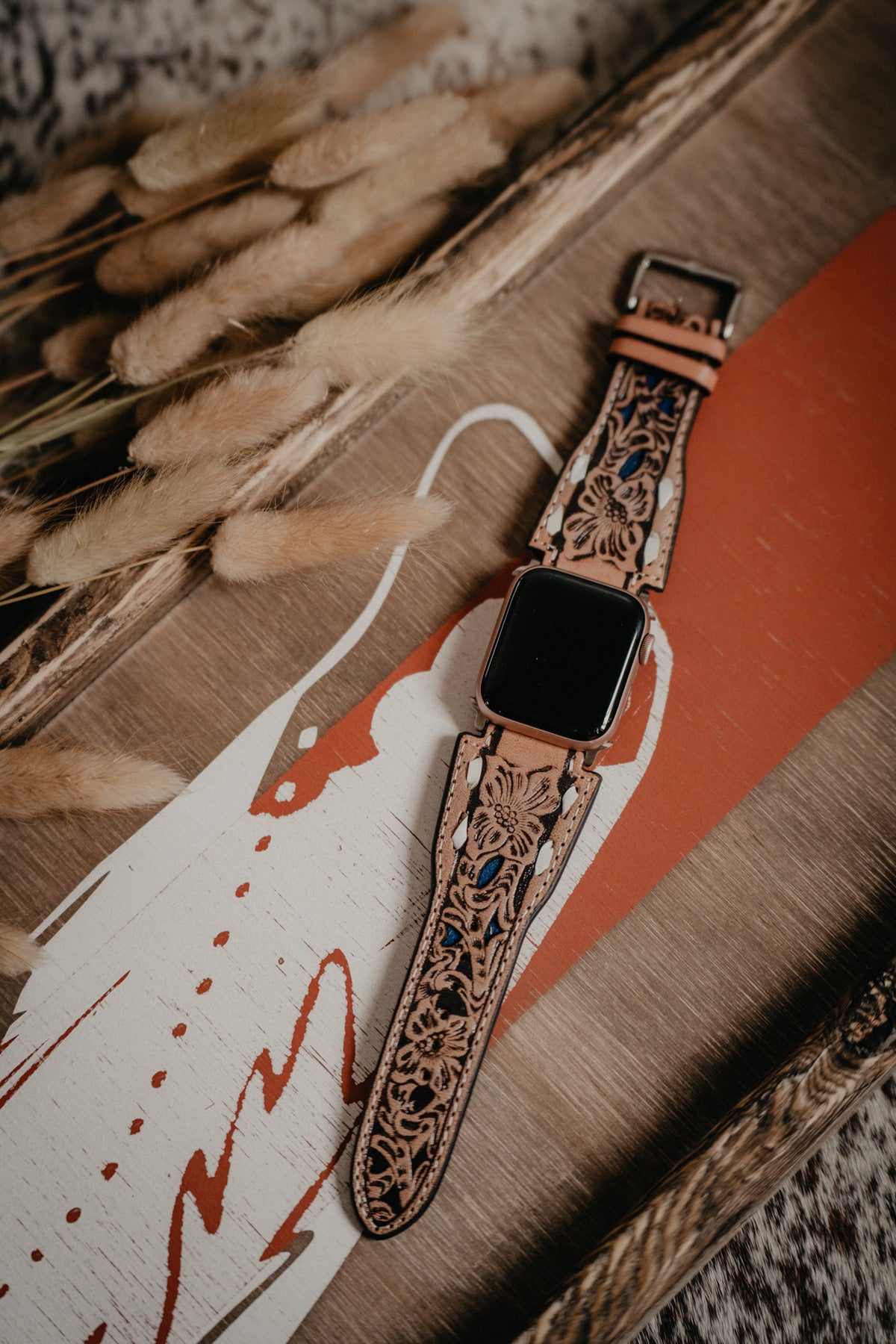 Leather Tooled With White Whipstich Nocoma Apple Watch Band (42mm - 44mm)